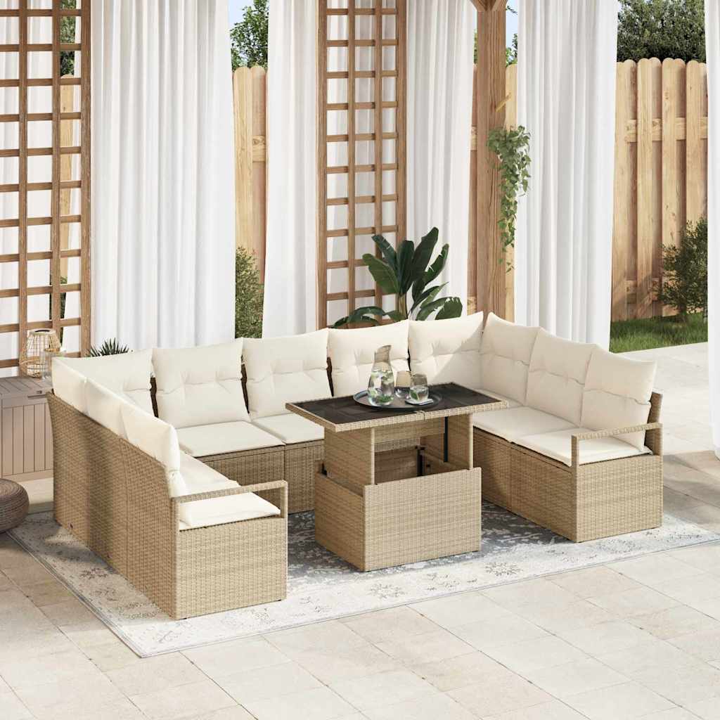 Garten-Sofa-Set mit Kissen 10 pcs Beige und Creme Poly-Rattan