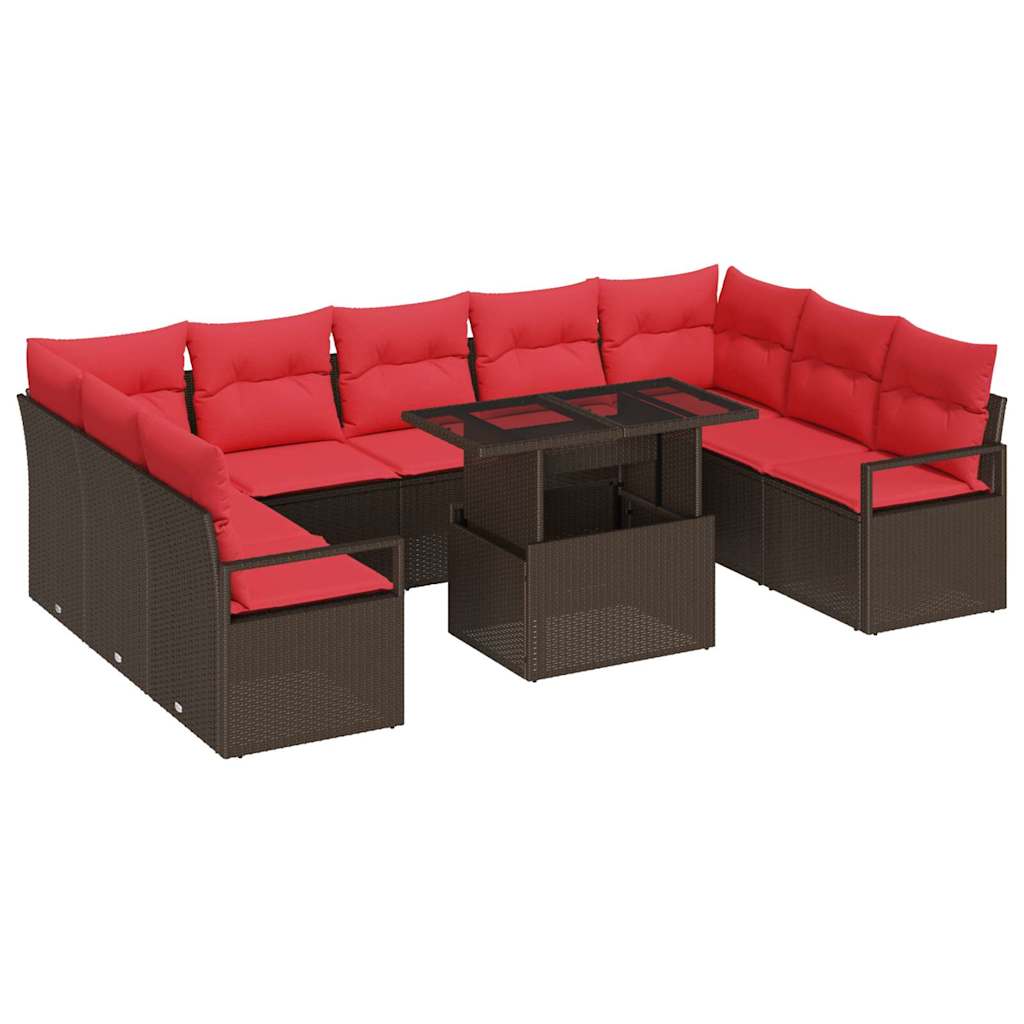 Gartensofa-set mit Speicher 10 pcs Braun und Rot Poly Rattan