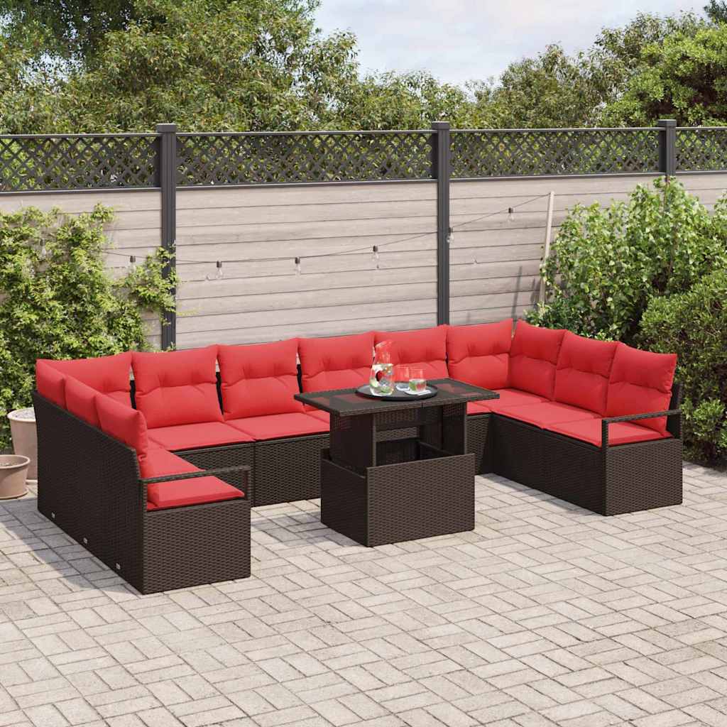 Garten-Sofa-Set mit Kissen 11 pcs Braun und Rot Poly-Rattan