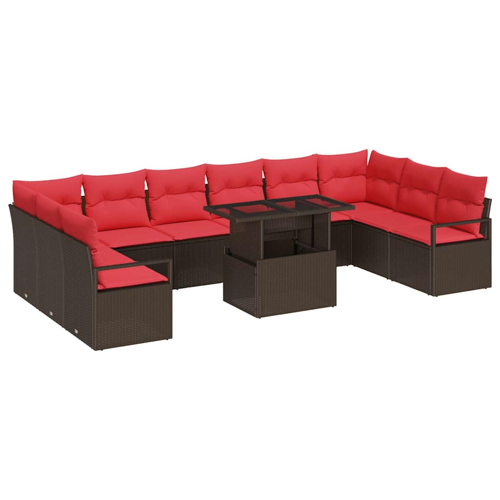 Garten-Sofa-Set mit Kissen 11 pcs Braun und Rot Poly-Rattan