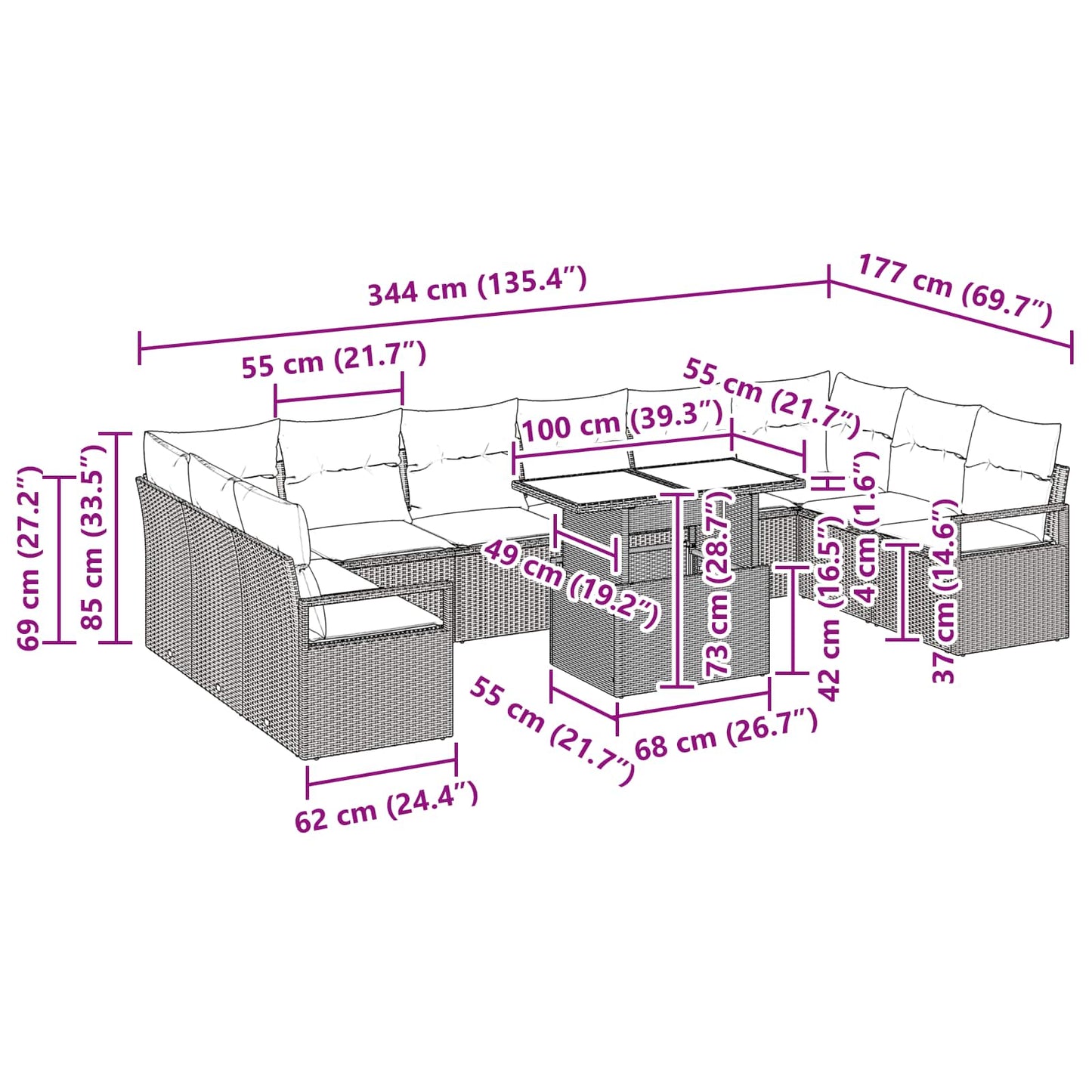 Garten-Sofa-Set mit Kissen 11 pcs Schwarz und Blau Poly-Rattan