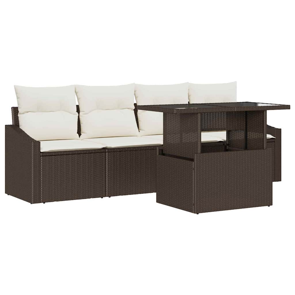 Garten-Sofa-Set mit Kissen 5 pcs Braun und Creme Poly-Rattan