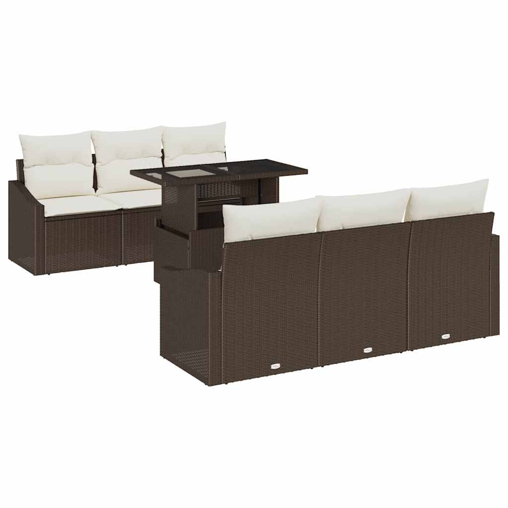 Garten-Sofa-Set mit Kissen 7 pcs Braun und Creme Poly-Rattan