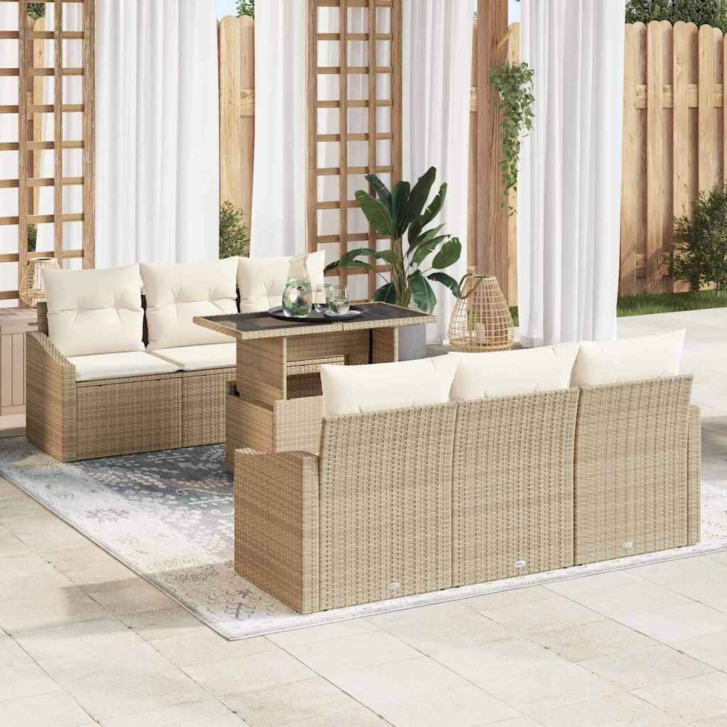 Gartensofa-set mit Speicher 7 pcs Beige und Creme Poly-Rattan
