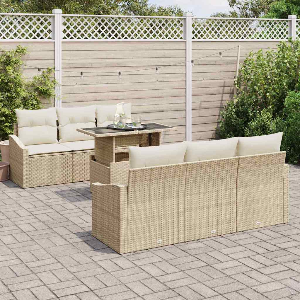 Gartensofa-set mit Speicher 7 pcs Beige und Creme Poly-Rattan