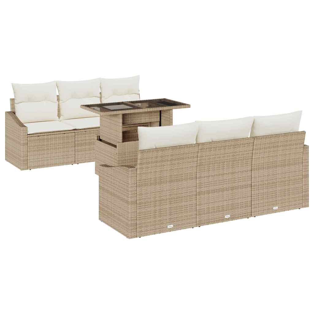 Gartensofa-set mit Speicher 7 pcs Beige und Creme Poly-Rattan