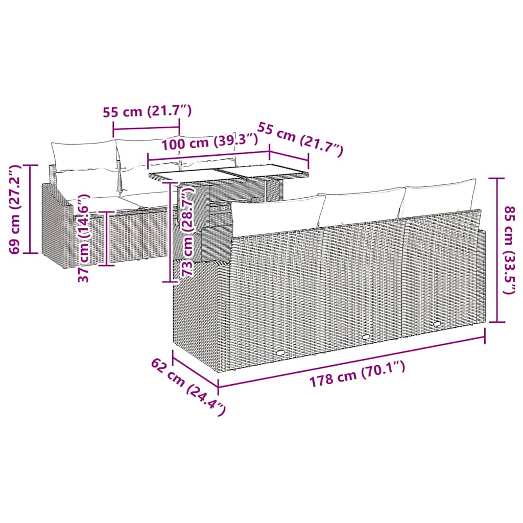Garten-Sofa-Set mit Kissen 7 pcs Hellgrau Poly-Rattan