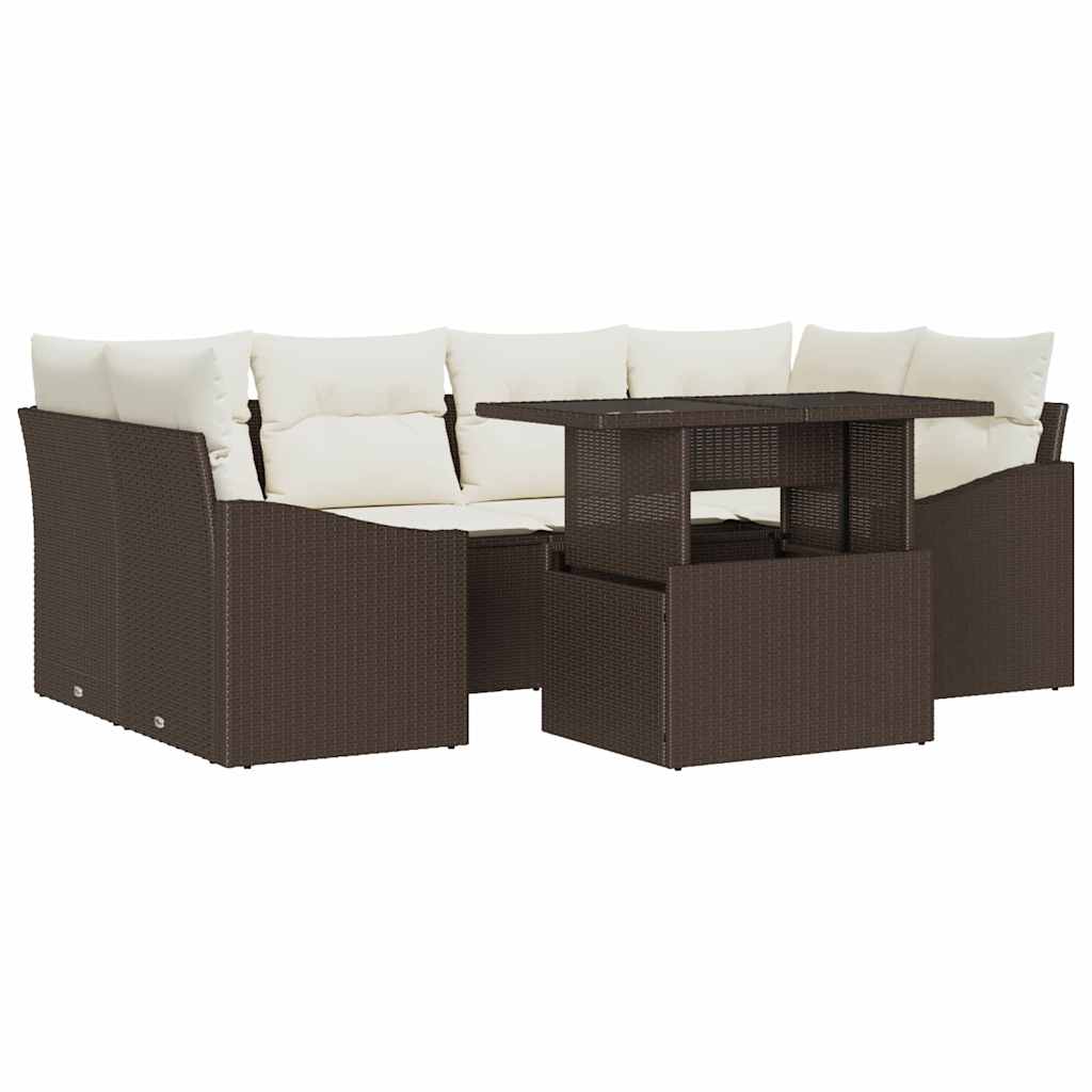 Garten-Sofa-Set mit Kissen 7 pcs Braun und Creme Poly-Rattan