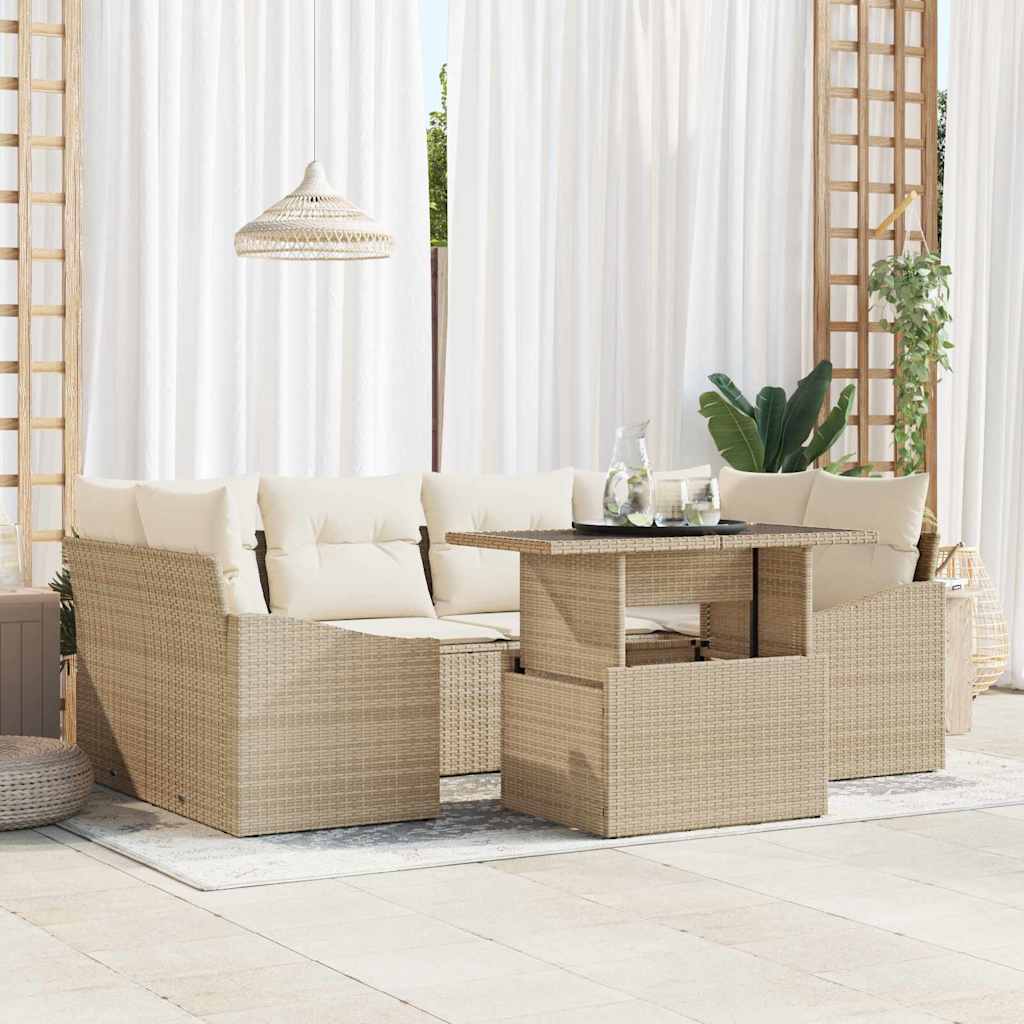 Garten-Sofa-Set mit Kissen 7 pcs Beige und Creme Poly-Rattan