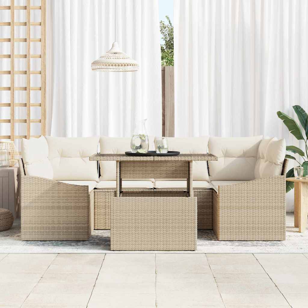 Garten-Sofa-Set mit Kissen 7 pcs Beige und Creme Poly-Rattan