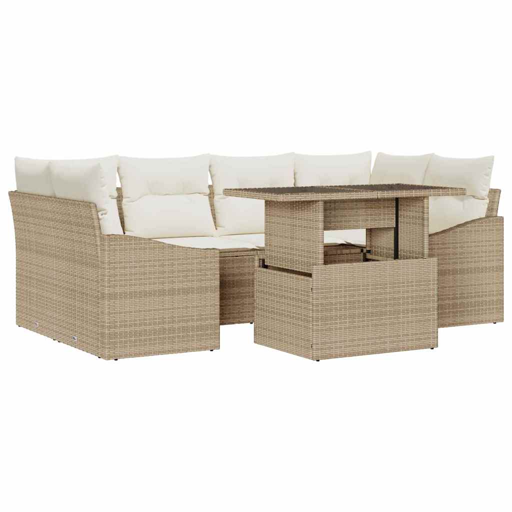 Garten-Sofa-Set mit Kissen 7 pcs Beige und Creme Poly-Rattan