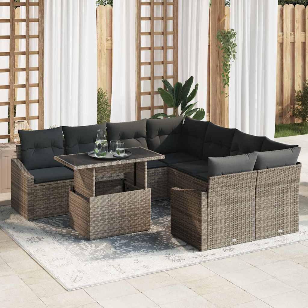 Gartensofa-set mit Kissen 9 pcs Grau Poly-Rattan