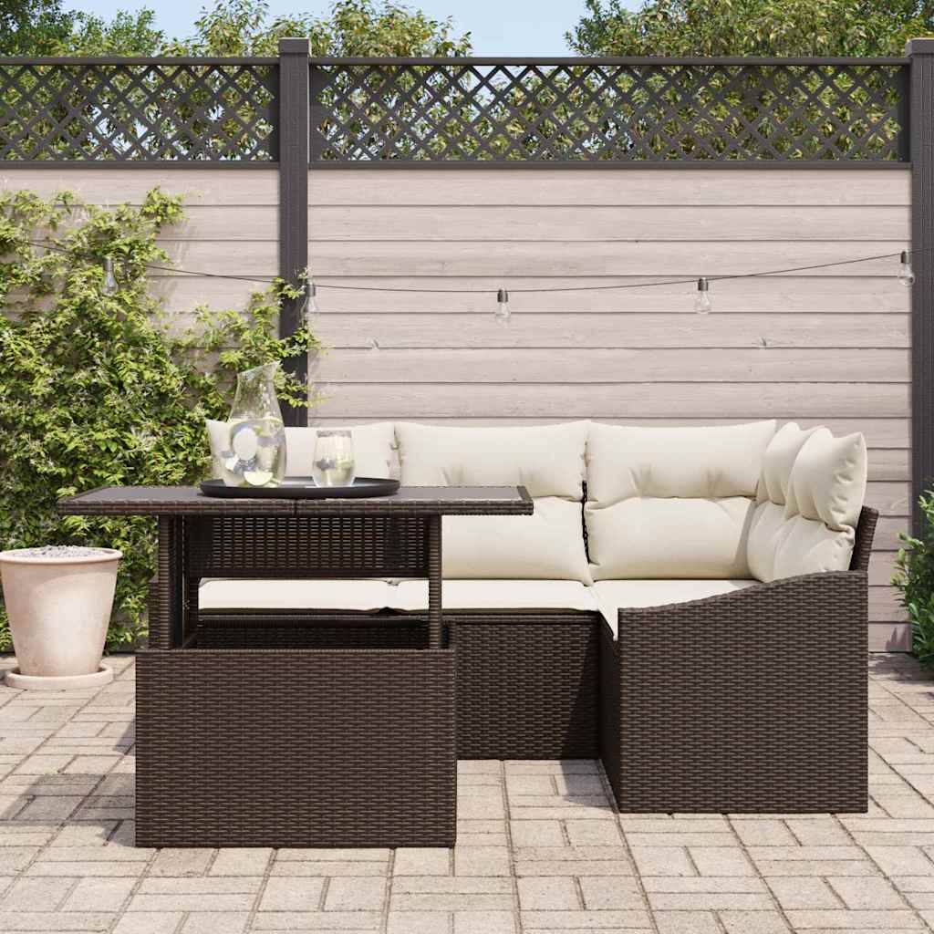 Gartensofa-set mit Kissen 5 pcs Braun und Creme Poly-Rattan