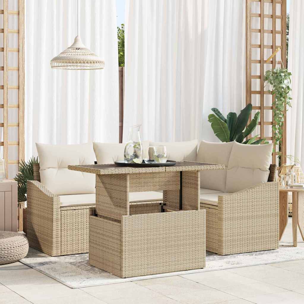 Gartensofa-set mit Kissen 5 pcs Beige und Creme Poly-Rattan
