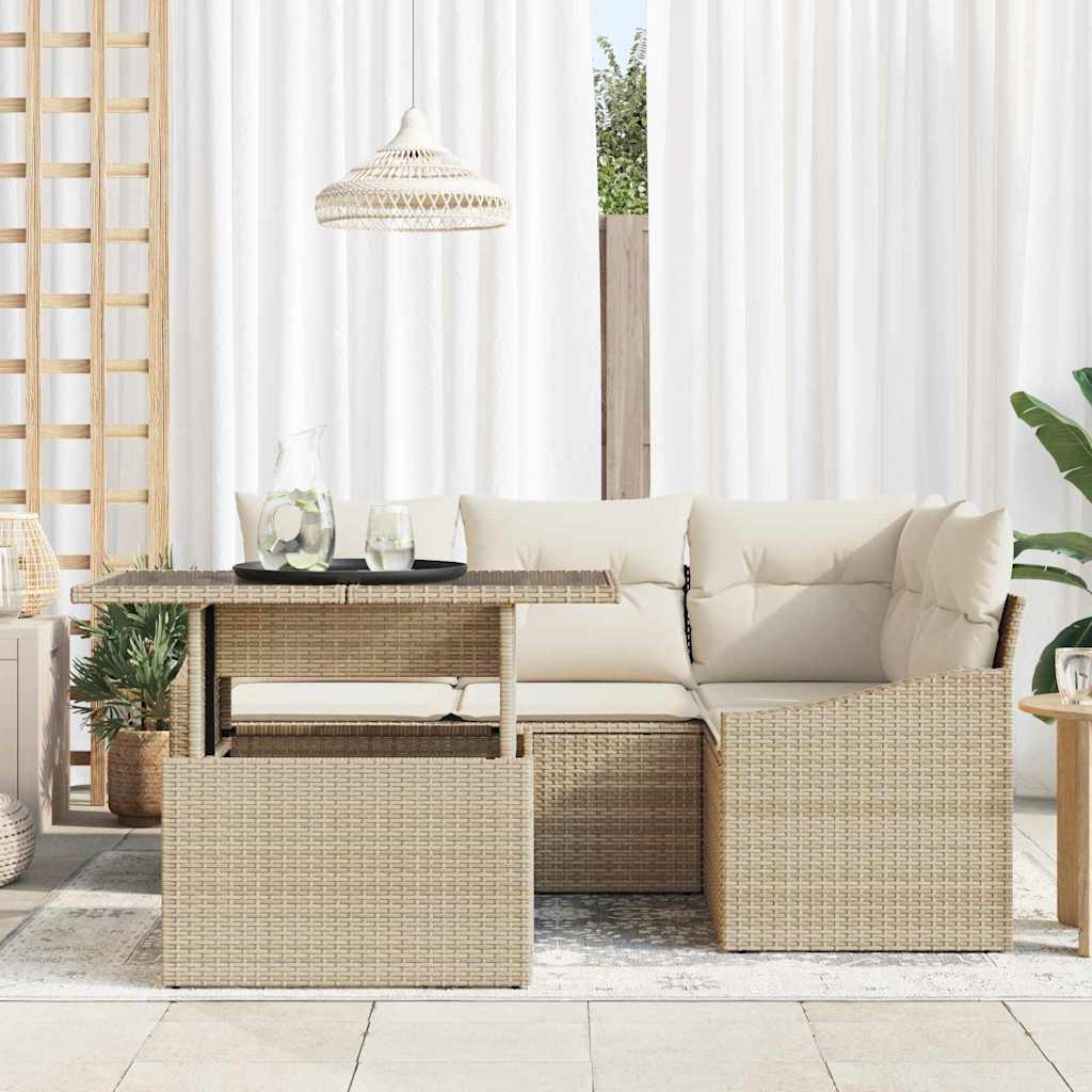 Gartensofa-set mit Kissen 5 pcs Beige und Creme Poly-Rattan