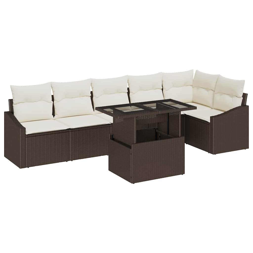 Gartensofa-set mit Kissen 7 pcs Braun und Creme Poly-Rattan