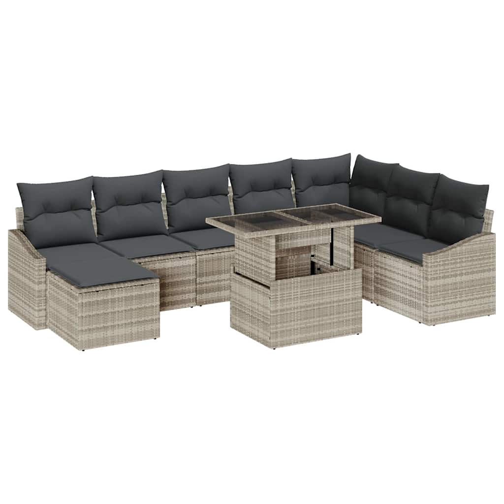 Sofa Set mit Kissen mit Speicher 9 pcs Hellgrau Poly-Rattan