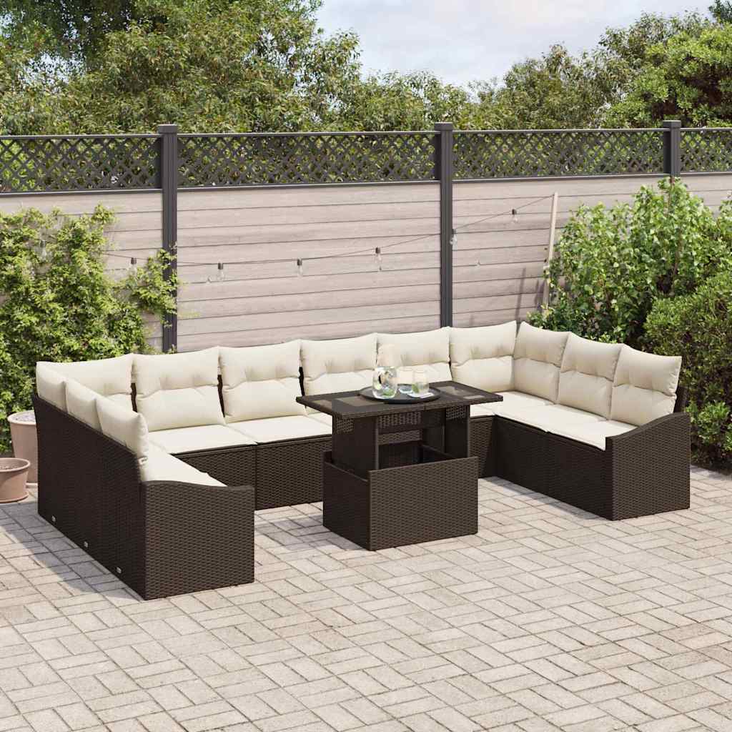 Sofa Set mit Kissen 11 pcs Braun und Creme Poly-Rattan