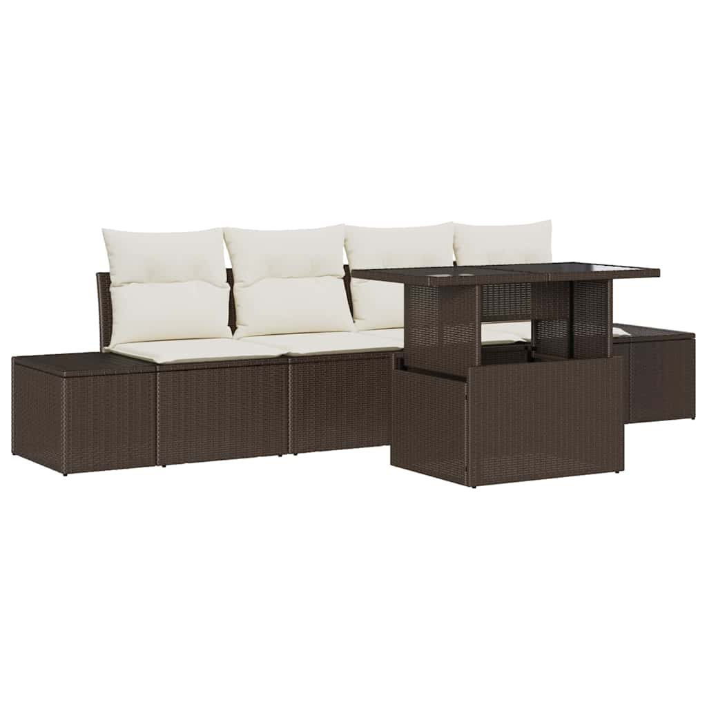 Sofa Set mit Kissen 5 pcs Braun und Creme Poly-Rattan