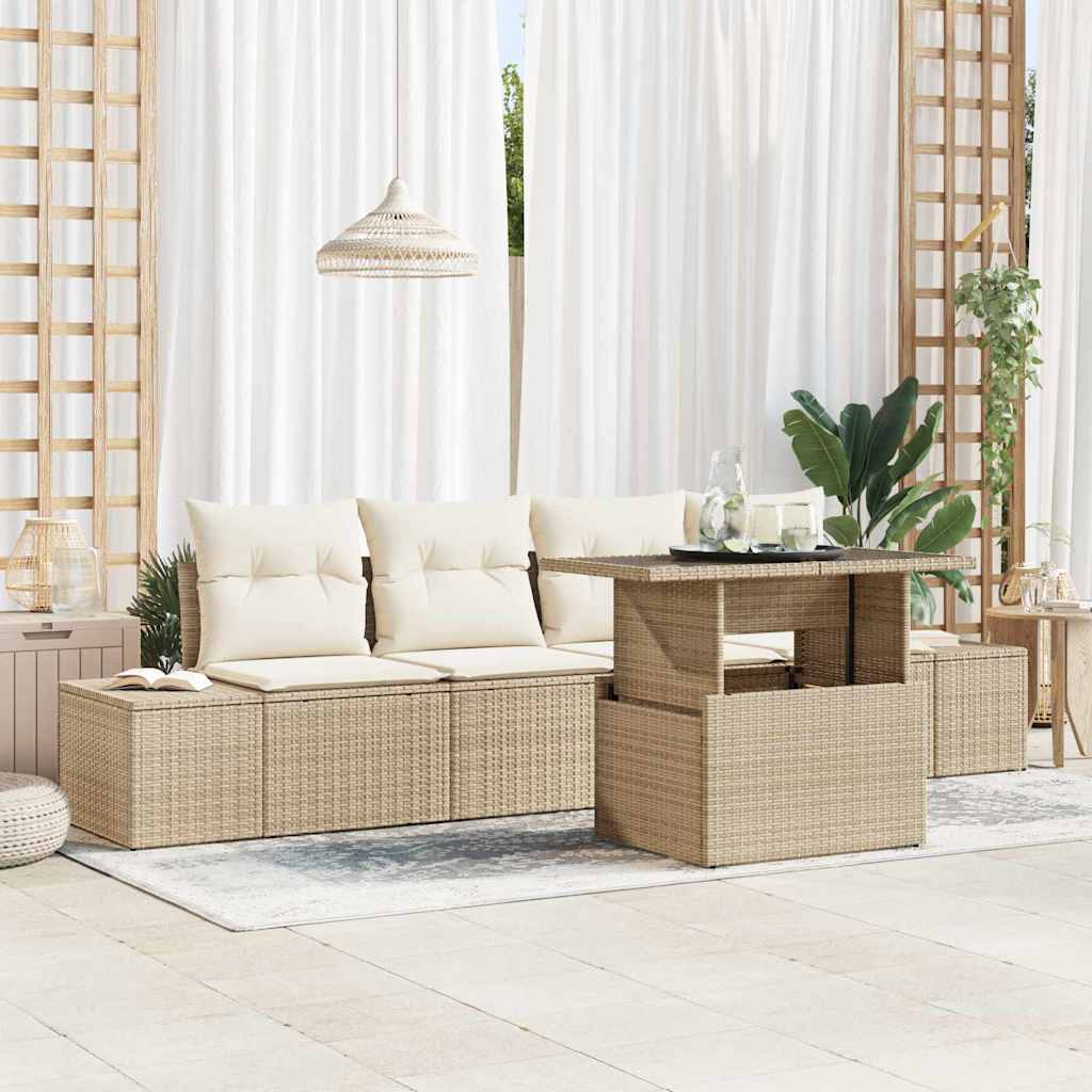 Sofa Set mit Kissen 5 pcs Beige und Creme Poly-Rattan