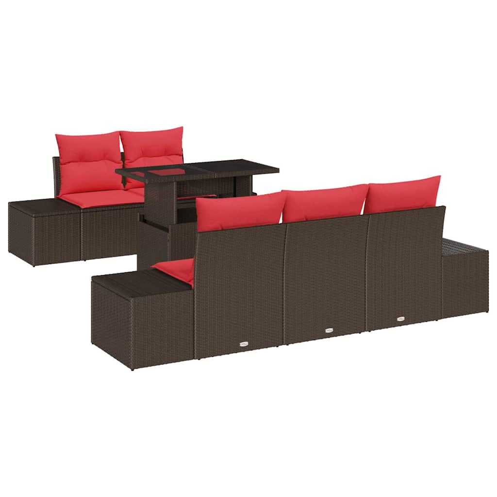 Sofa Set mit Kissen 6 pcs Braun und Rot Poly-Rattan