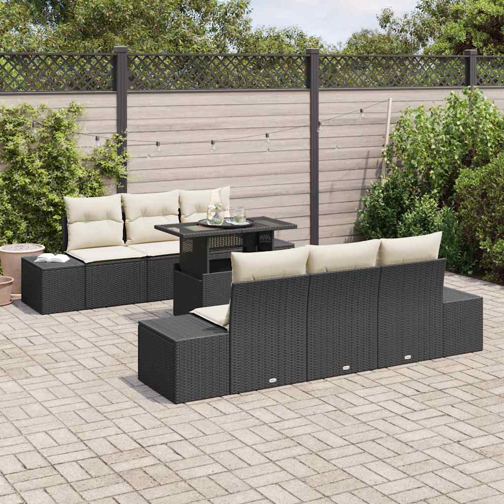 Sofa Set mit Kissen 7 pcs Schwarz und Creme Poly-Rattan