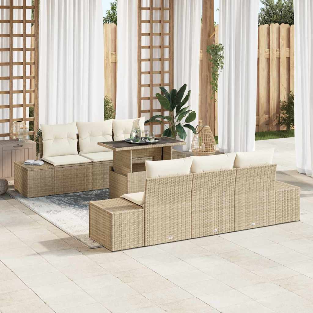 Sofa Set mit Kissen 7 pcs Beige und Creme Poly-Rattan