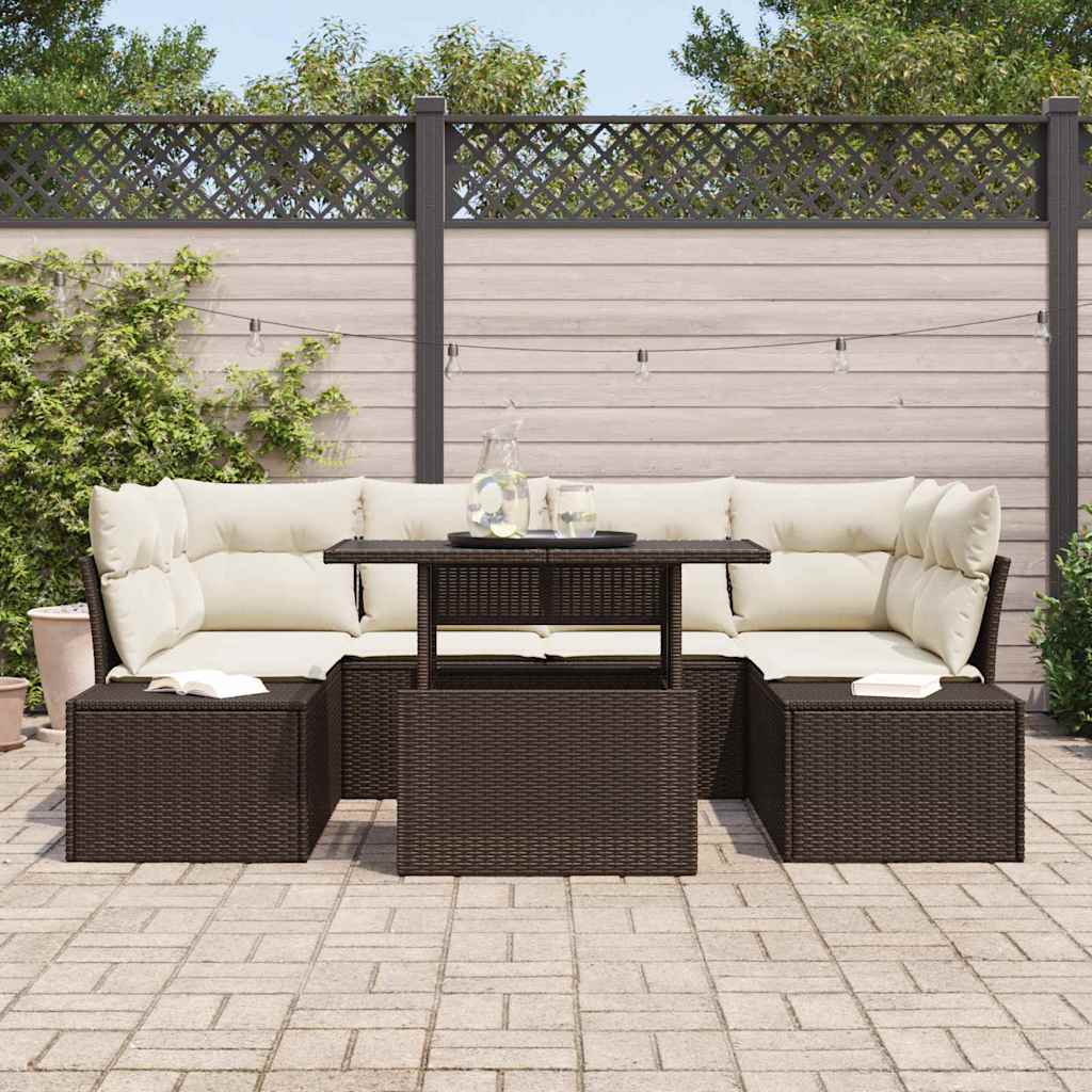 Sofa Set mit Kissen 7 pcs Braun und Creme Poly-Rattan