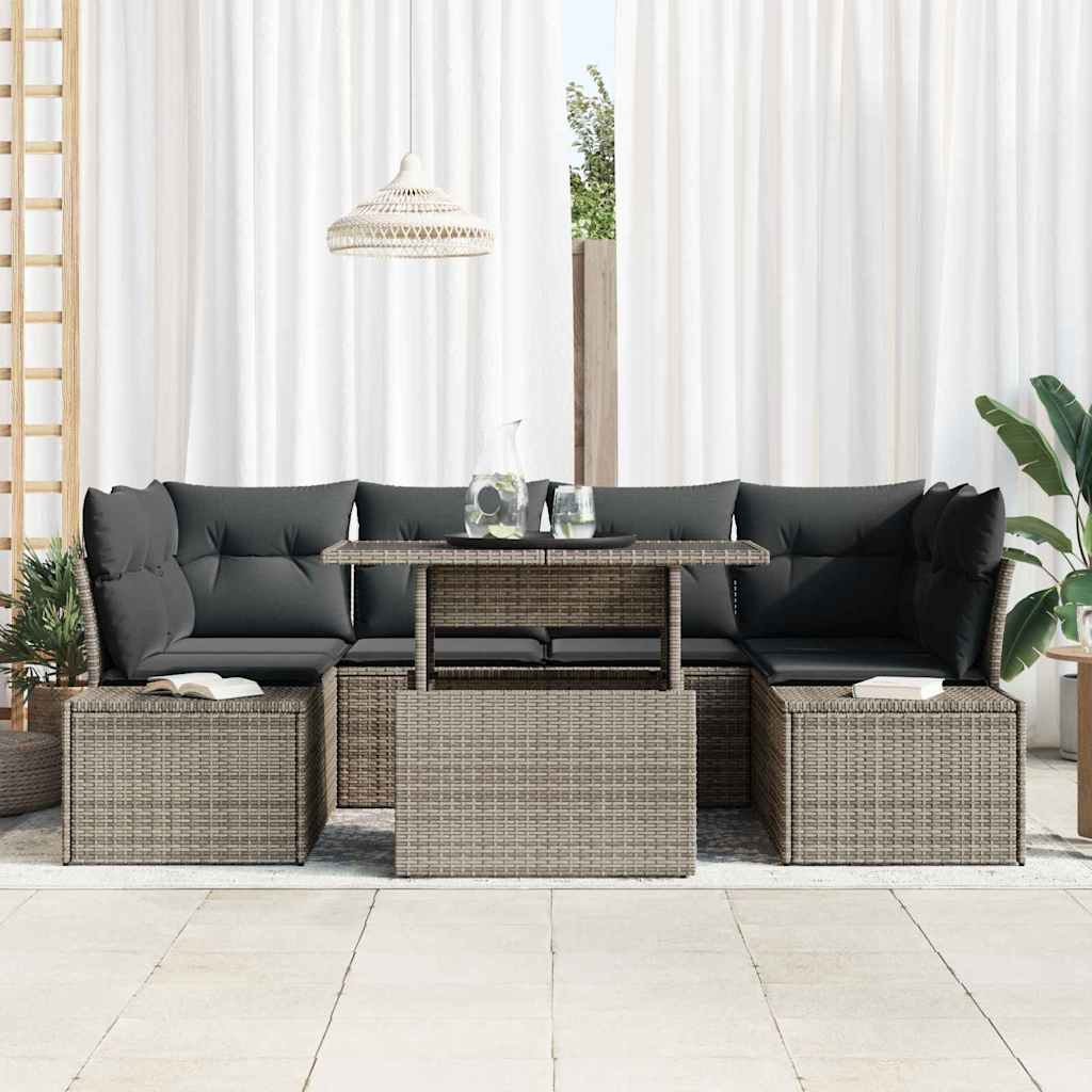 Sofa Set mit Kissen 7 pcs Grau Poly-Rattan