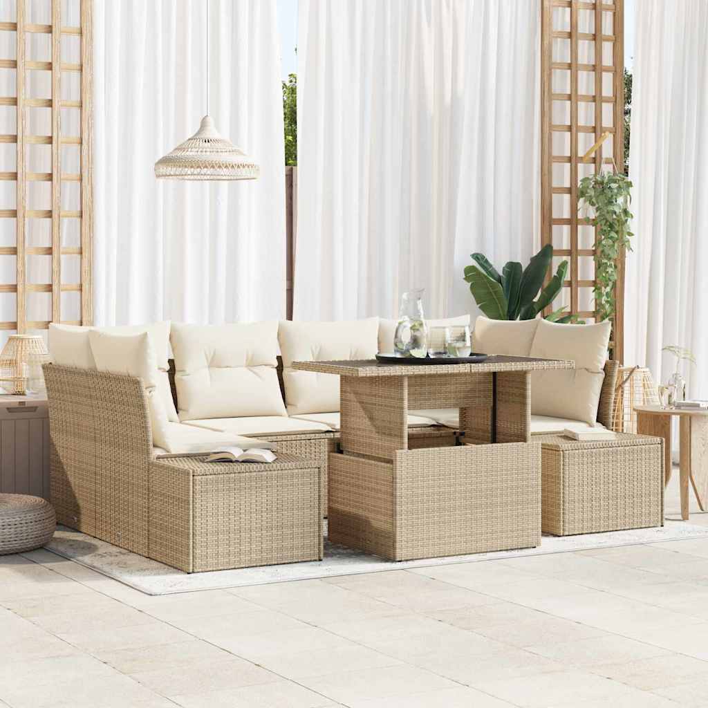 Sofa Set mit Kissen 7 pcs Beige und Creme Poly-Rattan