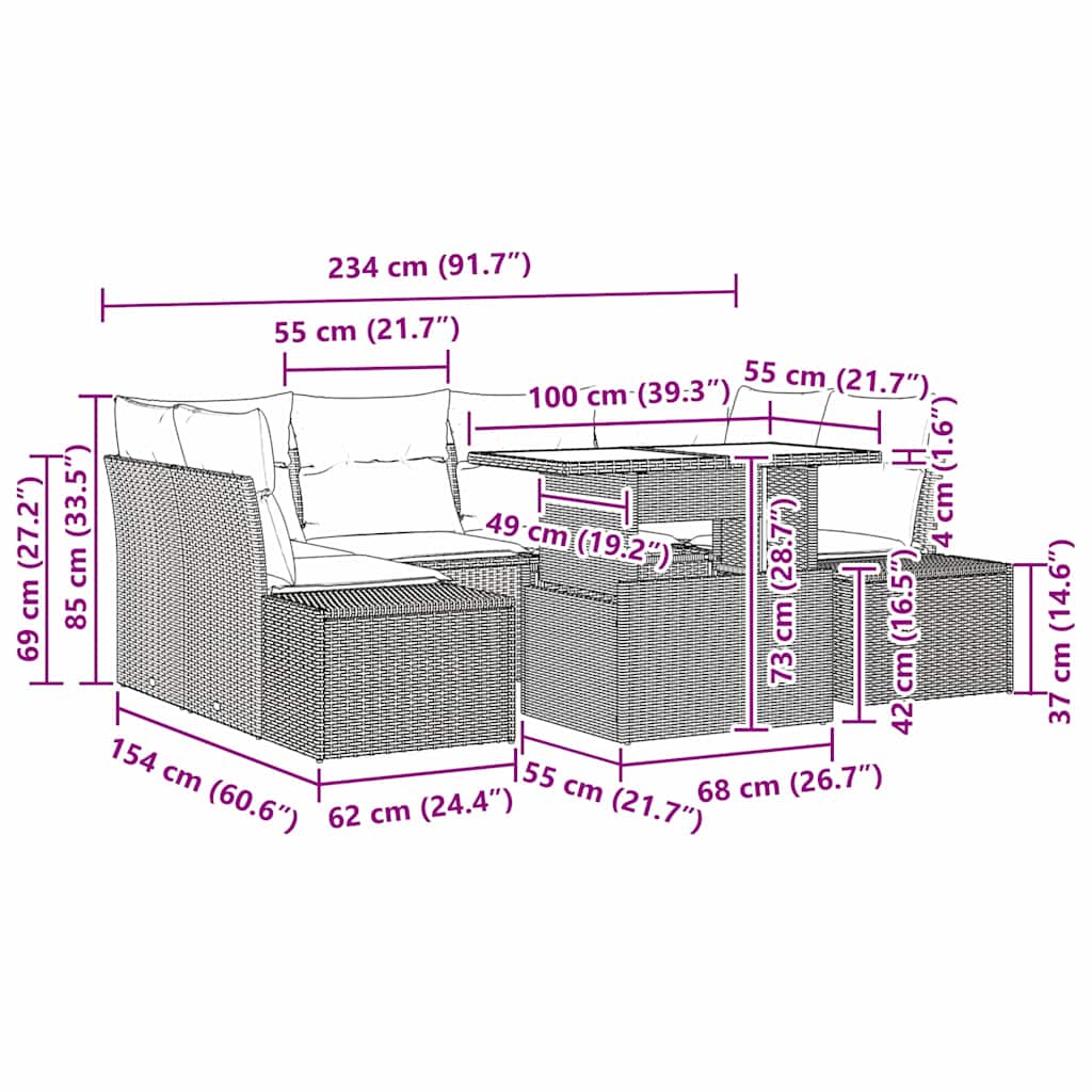 Sofa Set mit Kissen 7 pcs Beige und Creme Poly-Rattan