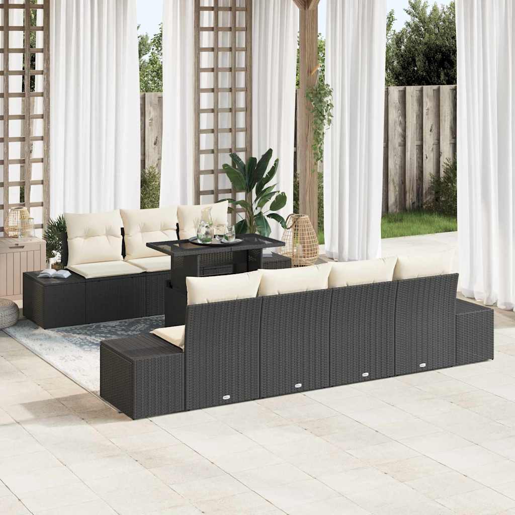 Sofa Set mit Kissen 8 pcs Schwarz und Creme Poly-Rattan