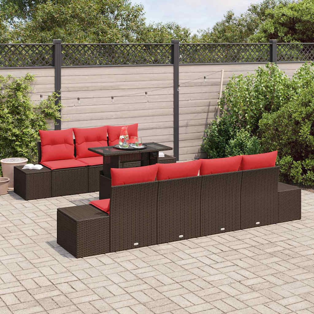 Sofa Set mit Kissen 8 pcs Braun und Rot Poly-Rattan