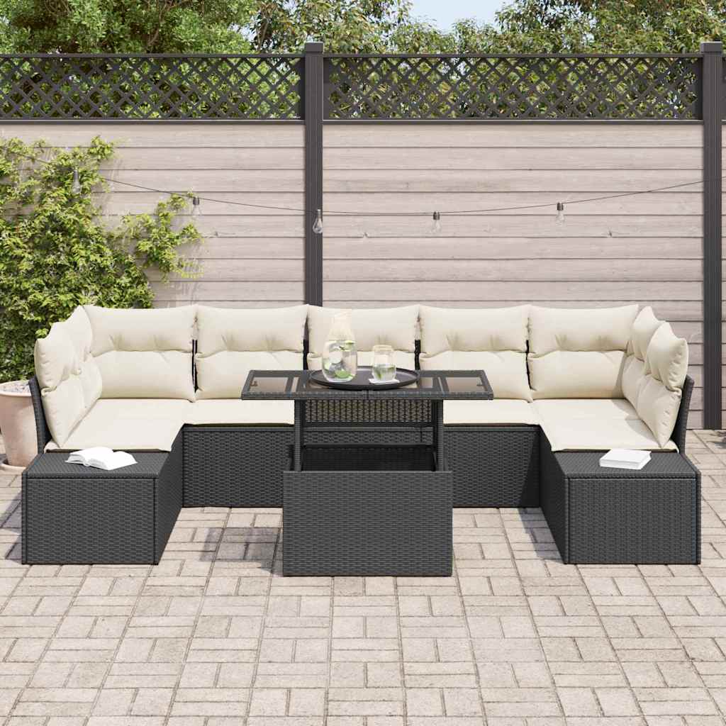 Sofa Set mit Kissen 8 pcs Schwarz und Creme Poly-Rattan