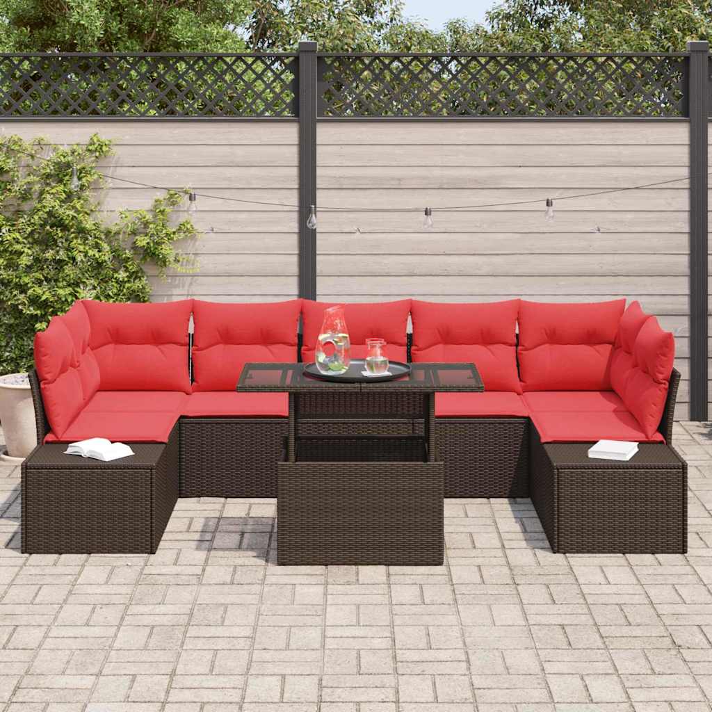 Gartensofa-set mit Kissen 8 pcs Braun und Rot Poly-Rattan