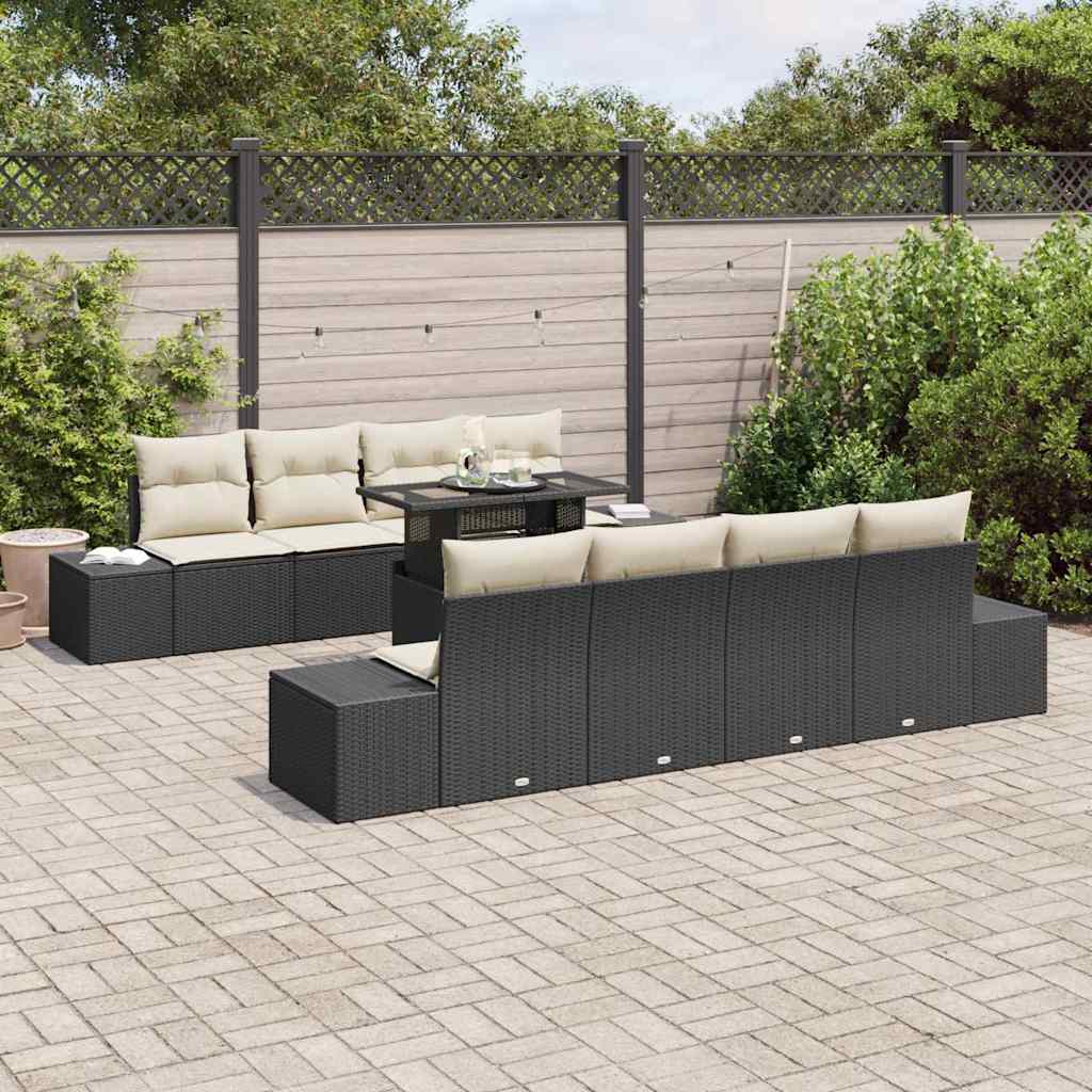 Gartensofa-set mit Kissen 9 pcs Schwarz und Creme Poly-Rattan