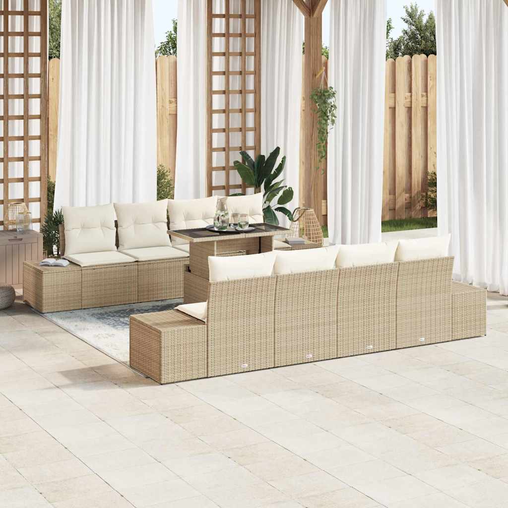 Gartensofa-set mit Kissen 9 pcs Beige und Creme Poly-Rattan