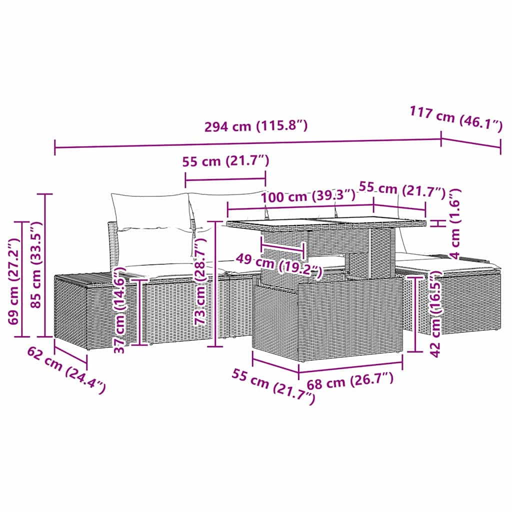 Gartensofa-set mit Kissen 6 pcs Braun und Creme Poly-Rattan