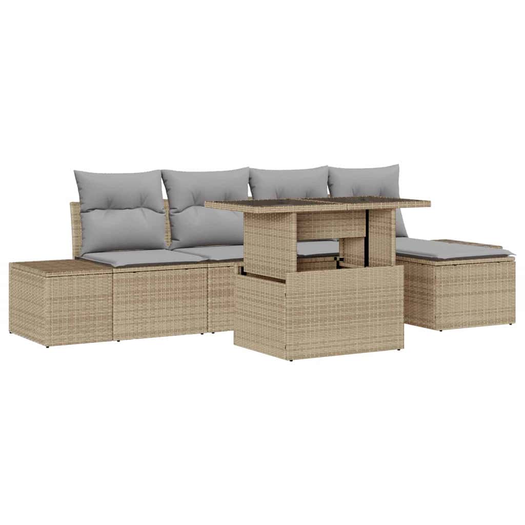 Gartensofa-set mit Kissen 6 pcs Beige und Hellgrau Poly-Rattan