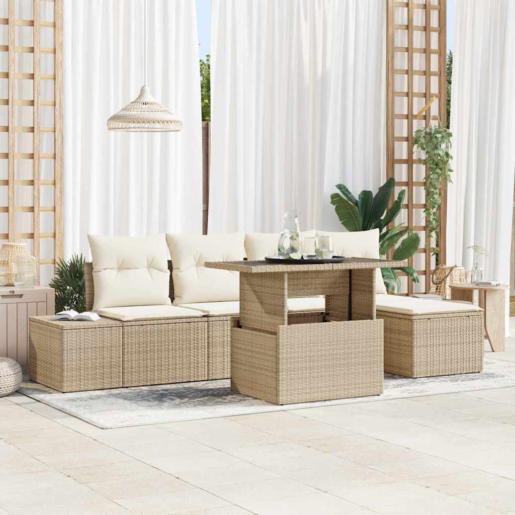 Gartensofa-set mit Kissen 6 pcs Beige und Creme Poly-Rattan
