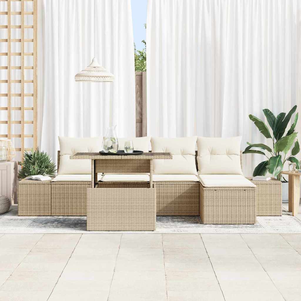 Gartensofa-set mit Kissen 6 pcs Beige und Creme Poly-Rattan