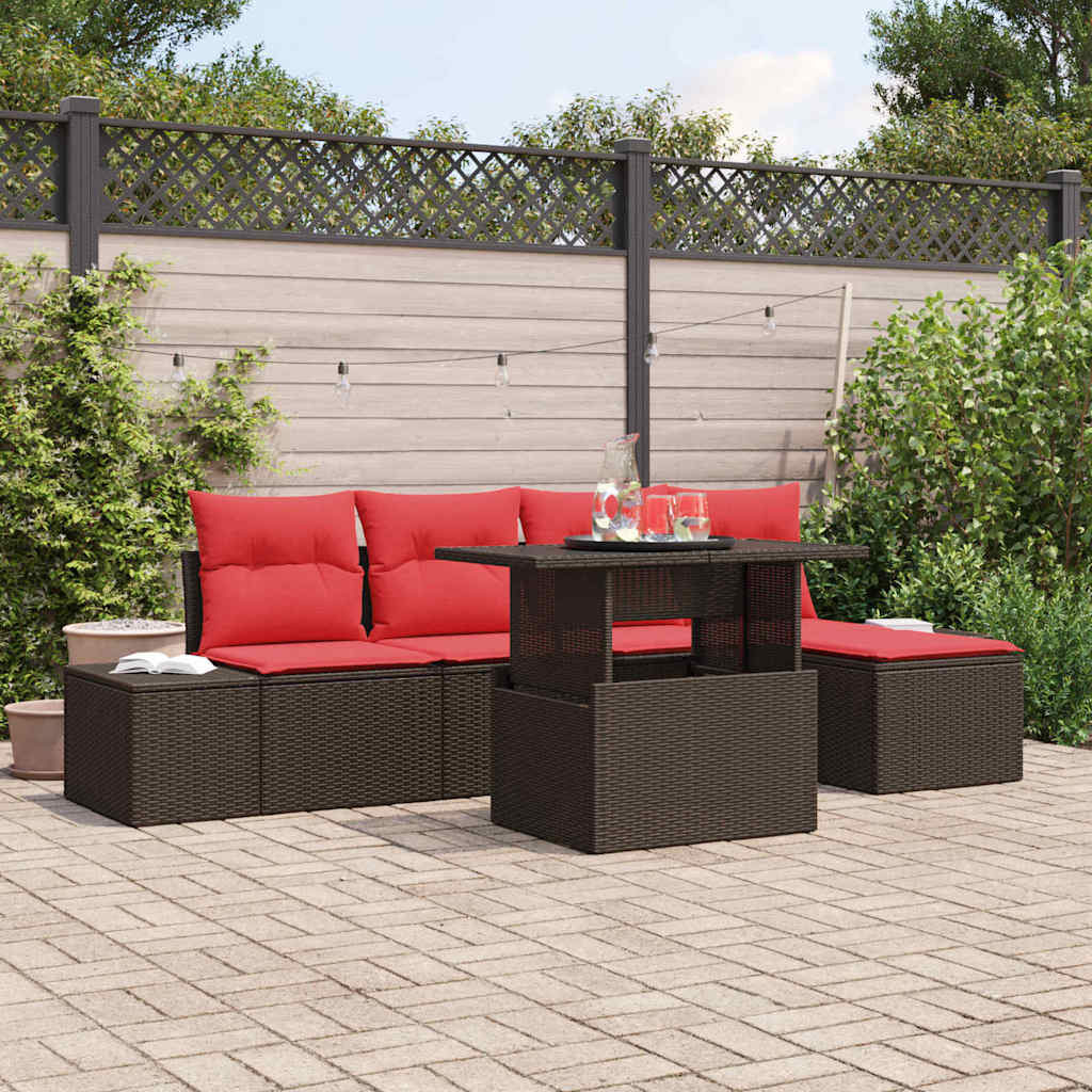 Gartensofa-set mit Kissen 6 pcs Braun und Rot Poly-Rattan