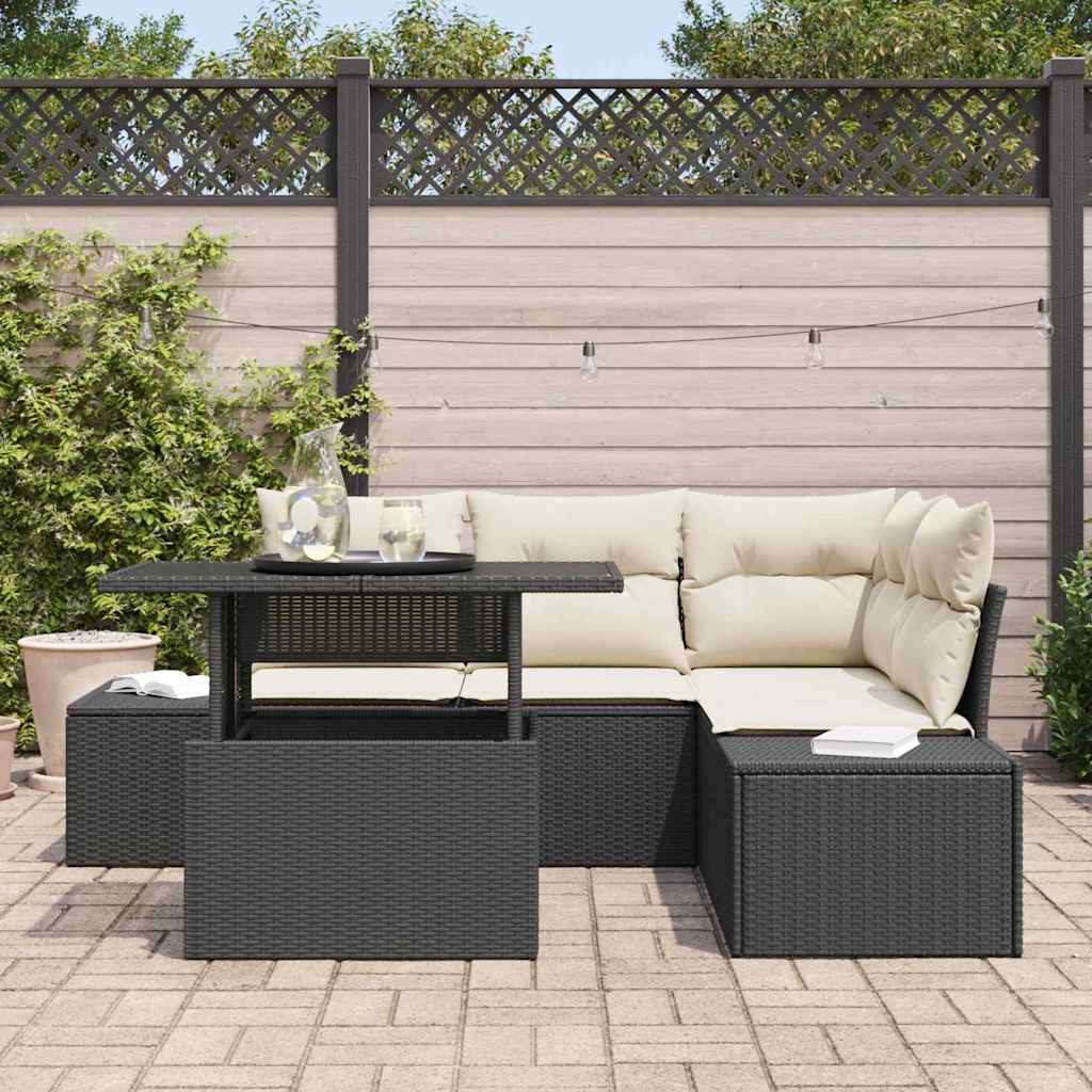 Gartensofa-set mit Kissen 5 pcs Schwarz und Creme Poly-Rattan