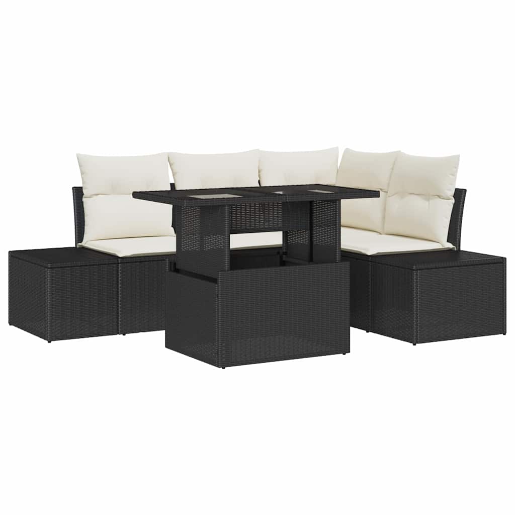 Gartensofa-set mit Kissen 5 pcs Schwarz und Creme Poly-Rattan