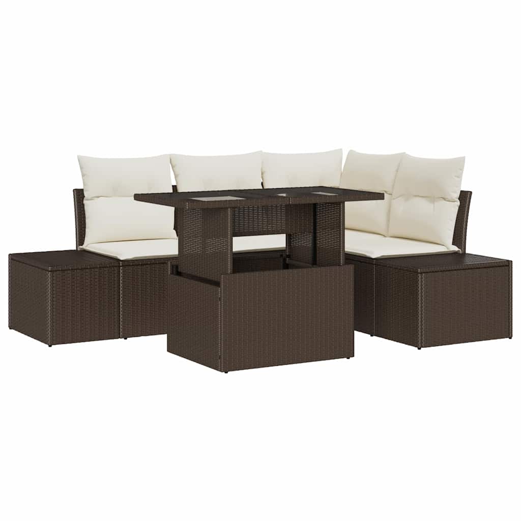 Gartensofa-set mit Kissen 5 pcs Braun und Creme Poly-Rattan