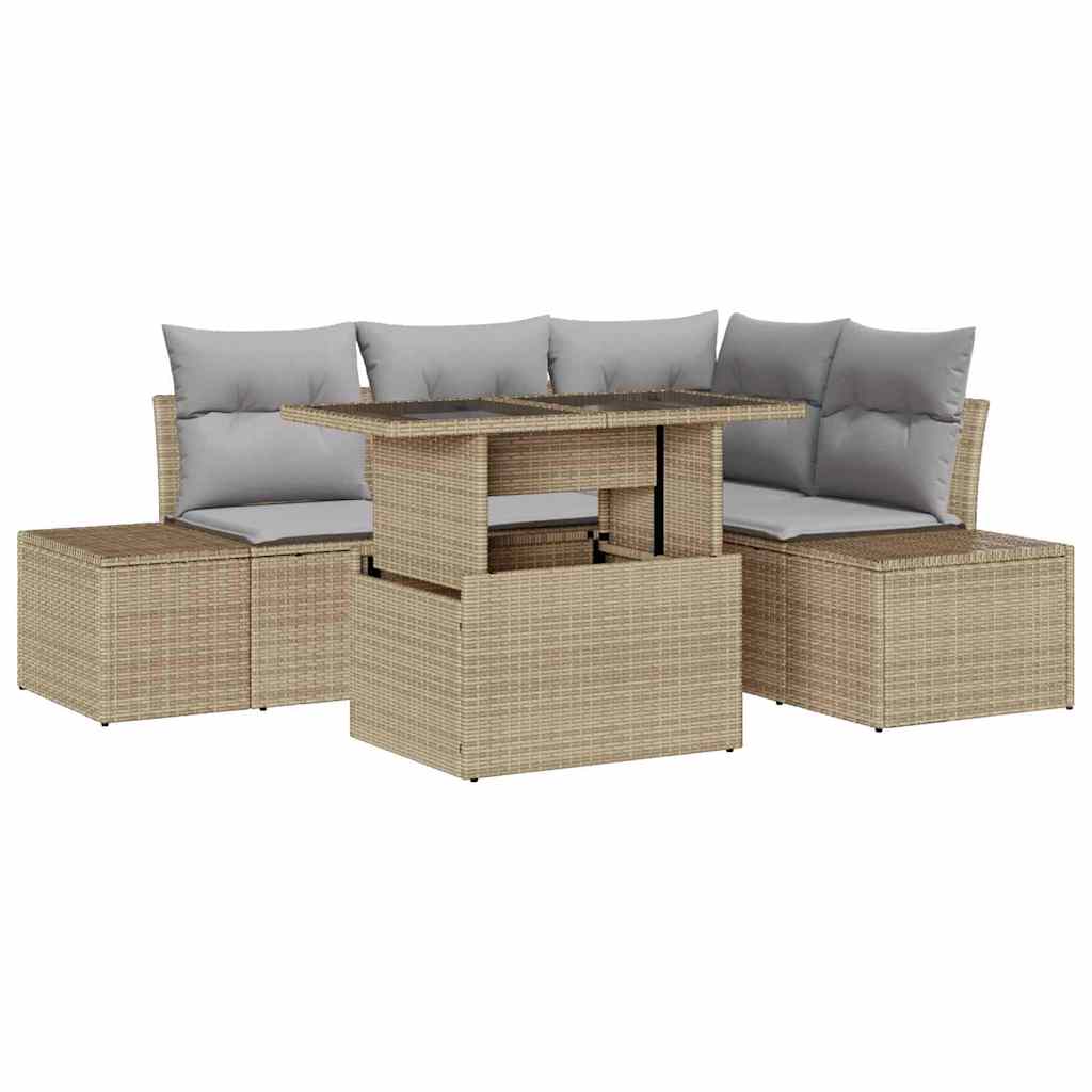 Gartensofa-set mit Kissen 5 pcs Beige und Hellgrau Poly-Rattan