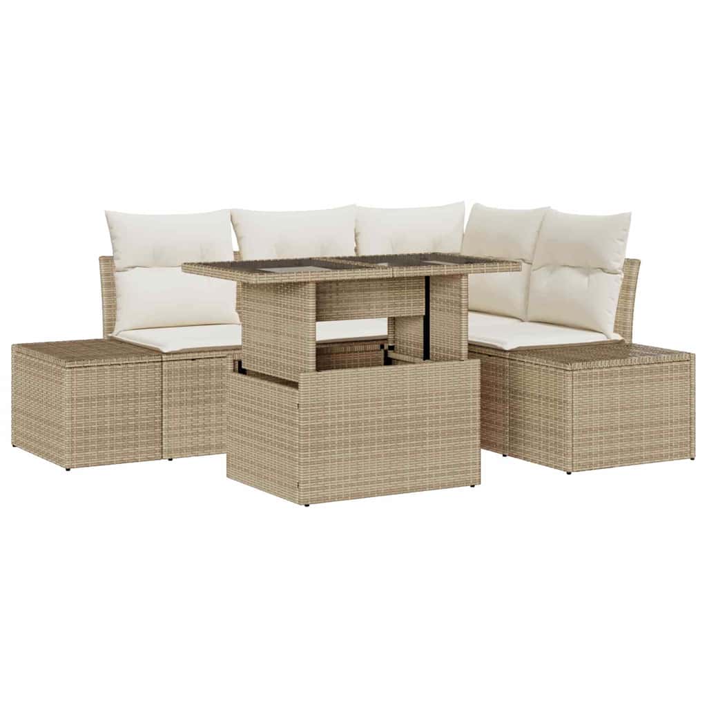 Gartensofa-set mit Kissen 5 pcs Beige und Creme Poly-Rattan