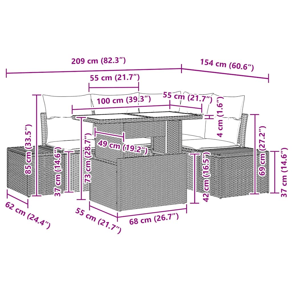 Gartensofa-set mit Kissen 5 pcs Schwarz Poly-Rattan