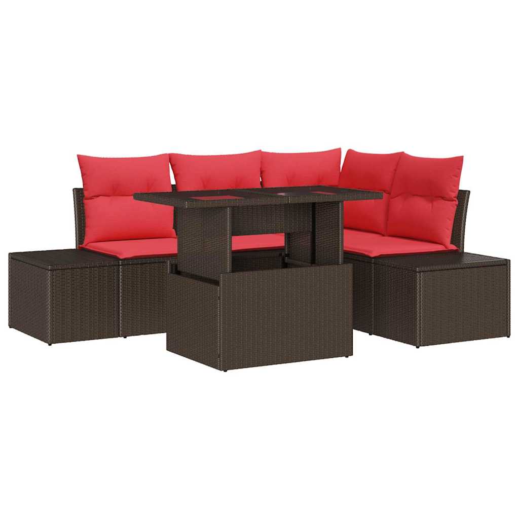 Gartensofa-set mit Kissen 6 pcs Braun und Rot Poly-Rattan