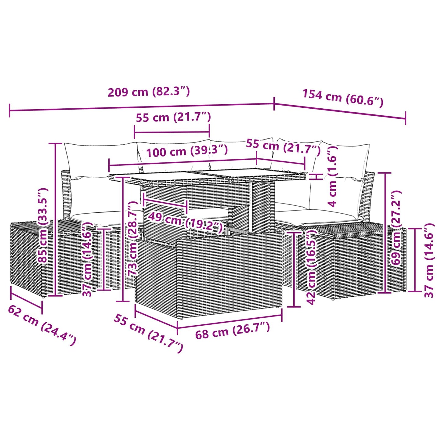 Gartensofa-set mit Kissen 6 pcs Braun und Rot Poly-Rattan